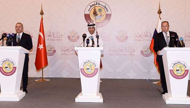 HE Sheikh Mohamed bin Abdulrahman al-Thani at the press conference with Mevlut Cavusoglu and Sergey Lavrov. PICTURE: Shaji Kayamkulam