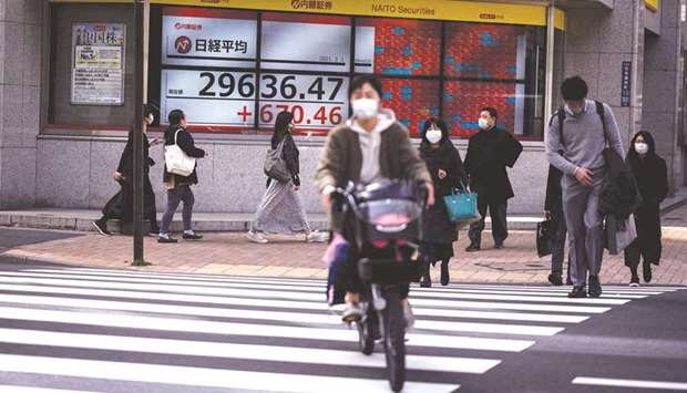 Pedestrians walk in front of an electronic quotation board displaying the numbers of share prices in Tokyo. The Nikkei 225 closed up 2.4% to 29,663.50 points yesterday.
