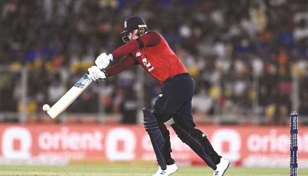 Englandu2019s Jason Roy plays a shot against India in Ahmedabad yesterday.
