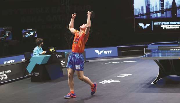 Japanese teenager Tomokazu Harimoto celebrates after his semi-final victory over Germany's Dimitrij Ovtcharov at the WTT Star Contender tournament at the Losail Sports Arena on Friday.