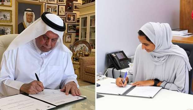 HE Abdullah bin Hamad al-Attiyah and HE Sheikha Hind bint Hamad al-Thani sign the MoU