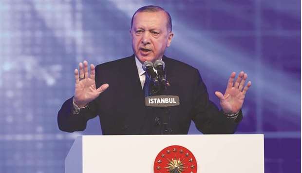Turkish President Recep Tayyip Erdogan speaks during a meeting to announce an economic reform package in Istanbul on March 12. He identified the fight against persistent inflation as u201cone of the main objectivesu201d with the goal of quickly u201cbringing it down to single digitsu201d.