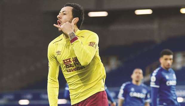 Burnleyu2019s Dwight McNeil celebrates after scoring against Everton in the Premier League yesterday. (Reuters)
