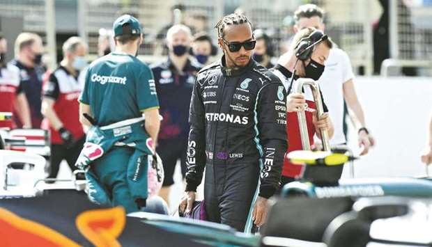 Mercedesu2019 Lewis Hamilton looks on during the first day of the pre-season Formula 1 testing at the Bahrain International Circuit on Friday. (AFP)