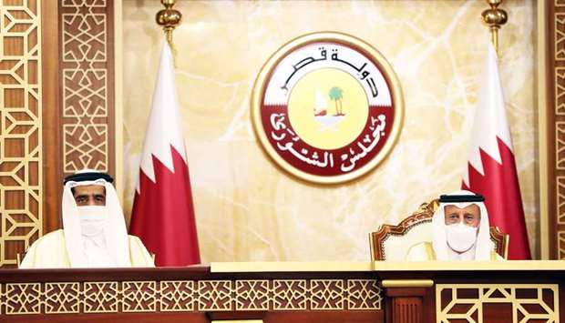 HE the Speaker Ahmed bin Abdullah bin Zaid al-Mahmoud with HE Dr Saleh bin Mohamed al-Nabit during the Shura Council session.