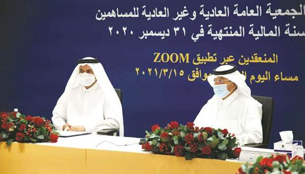 Doha Bank chairman Sheikh Fahad bin Mohamed bin Jabor al-Thani and managing director Sheikh Abdul Rahman bin Mohamed bin Jabor al-Thani at the bank's Ordinary General Assembly held on Monday.