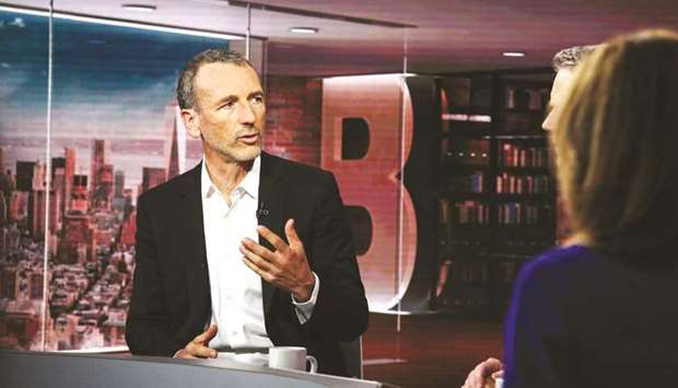 Emmanuel Faber, chairman of Danone, speaks during a Bloomberg Television interview in New York (file). Activist investors took aim at Faber, who became Danoneu2019s boss in 2017, and his management team, demanding his departure and a revamp at the top as the company struggles to plot a post-Covid recovery strategy.