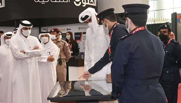 His Highness the Amir was briefed on the pavilions and sections of the exhibition as well as the latest innovations and technologies exhibited by local and international companies in the fields of security, safety, cybersecurity and civil defense devices and equipment.
