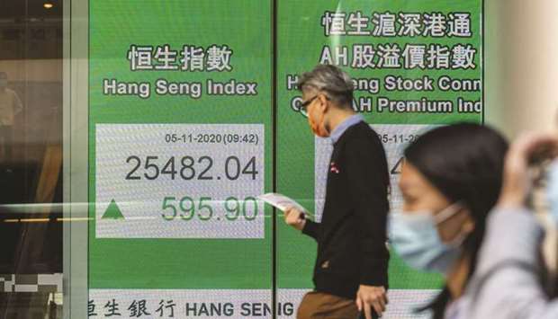 Pedestrians walk past an electronic screen displaying the Hang Seng Index in Hong Kong (file).
