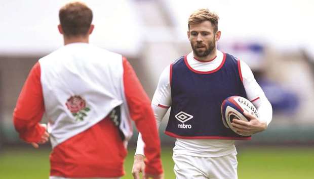 Englandu2019s Elliot Daly (right) during a training session at the Twickenham Stadium in London. (Reuters)