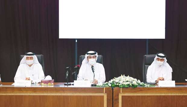 Dr Mohamed Saif al-Kuwari, chairman of the conference, along with Yousuf Khalid al-Khulaifi, Vice Chairman of the Organising Committee and Director of the Agricultural Affairs Department, and Mohamed Ali al-Khouri, Head of Organising Committee of the Exhibition and Director of Public Parks Department, at the news conference yesterday.