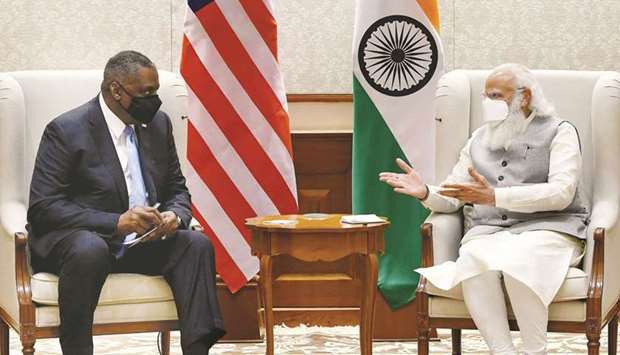 US Defence Secretary Lloyd Austin (left) listens to the Indian Prime Minister, Narendra Modi, during their meeting in New Delhi.