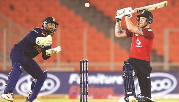 Englandu2019s Ben Stokes (right) plays a shot as Indiau2019s wicketkeeper Rishabh Pant watches during the fourth Twenty20 international at the Narendra Modi Stadium in Motera, India, on Thursday. (AFP)