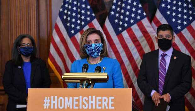 US Speaker of the House, Nancy Pelosi, Democrat of California, with the Congressional Hispanic Caucus, speaks about immigration at a press briefing on Capitol Hill in Washington