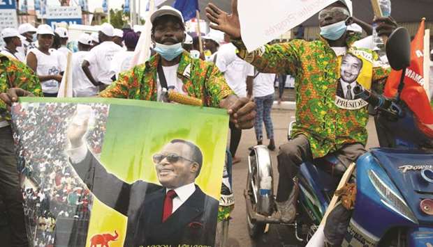 Supporters attend a rally in support of the re-election of President Denis Sassou Nguesso, in Brazzaville, Republic of Congo, yesterday.