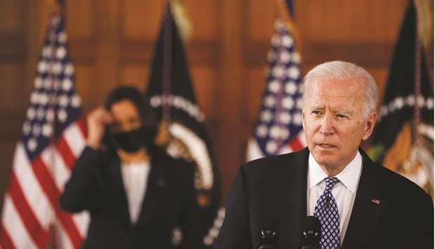 Biden and Harris are seen after their meeting with Asian American leaders, during a stop at Emory University in Atlanta.