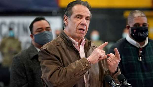 New York Governor Andrew Cuomo speaks during a news conference at a vaccination site in the Brooklyn borough of New York on February 22.