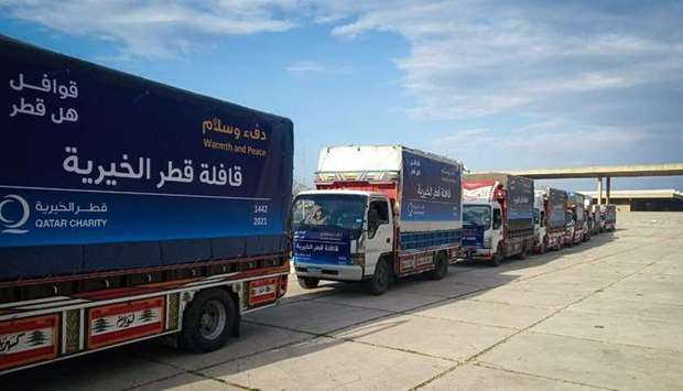 Qatar Relief Convoys organized by Qatar Charity set off from the Turkish-Syrian border to deliver food, shelter, and health aid, as well as winter supplies to Syrian refugees