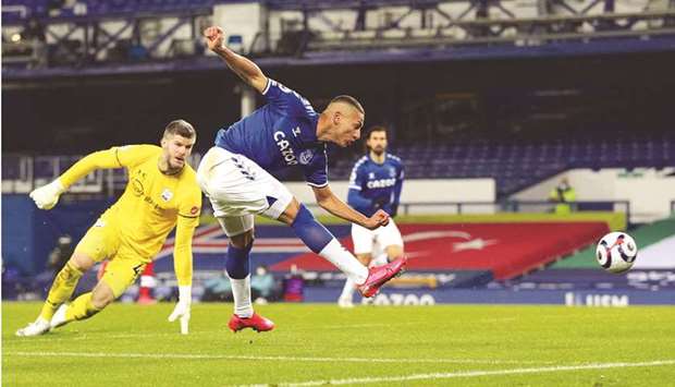 Evertonu2019s Richarlison scores against Southampton in the English Premier League on Monday night.