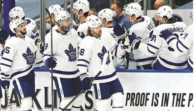Toronto Maple Leafs forward William Nylander celebrates after a first period goal against the Edmonton Oilers at Rogers Place in Edmonton. (USA TODAY Sports)