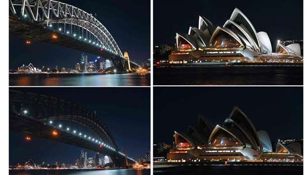 The Sydney Harbour Bridge and the Sydney Opera House are seen before (above) and during earth Hour (below) in Sydney on March 27, 2021.