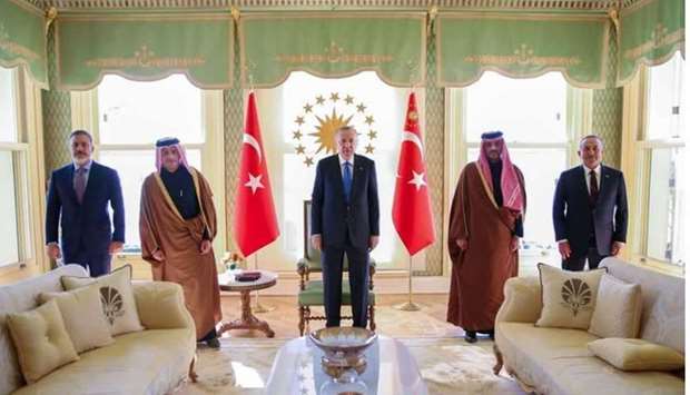 Turkish President Recep Tayyip Erdogan meets with HE the Deputy Prime Minister and Minister of Foreign Affairs Sheikh Mohamed bin Abdulrahman al-Thani in Istanbul.