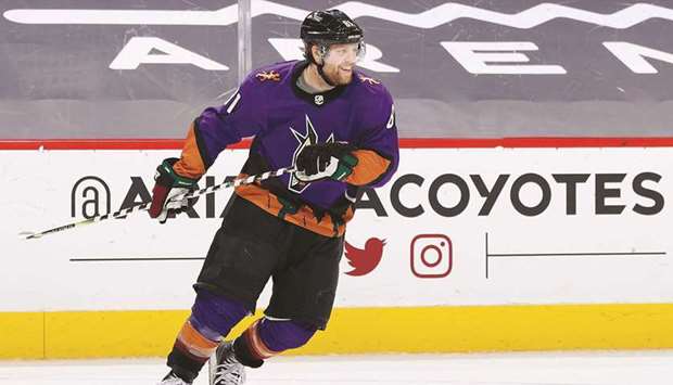 Phil Kessel of the Arizona Coyotes reacts after scoring an empty-net goal to  complete his hat-trick during the third period of the NHL game against the San Jose Sharks at Gila River Arena in Glendale, Arizona. (Getty Images/AFP)