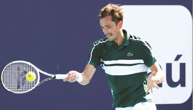 Daniil Medvedev of Russia hits a forehand against Alexei Popyrin of Australia (not pictured) in the third round in the Miami Open at Hard Rock Stadium in Miami. (USA TODAY Sports)