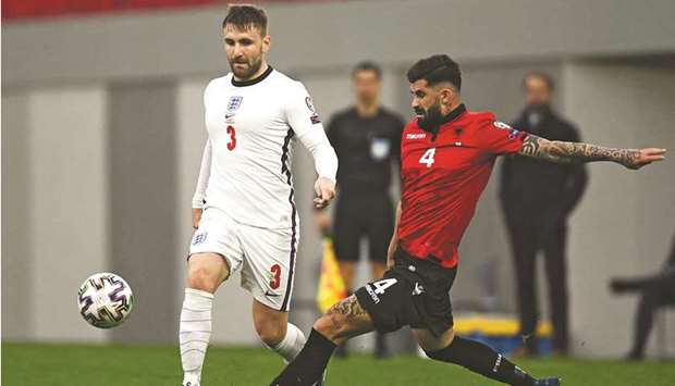 Englandu2019s Luke Shaw (left) vies for the ball with Albaniau2019s Elseid Hisaj during the FIFA World Cup Qatar 2022 qualification match in Tirana on Sunday. (AFP)