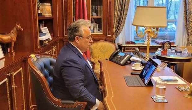 HE the Ambassador of Qatar to France Sheikh Ali bin Jassim Al-Thani speaks at the inauguration of a virtual symposium organized by the Qatari-French Economic League (Cadran)