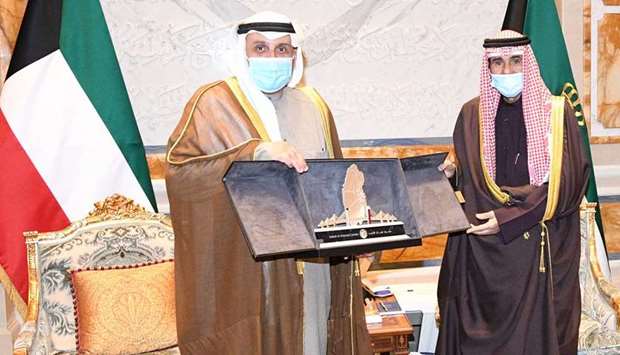The Amir of Kuwait Sheikh Nawaf Al-Ahmad AI-Jaber AI-Sabah receives the Deputy Prime Minister and Minister of Defense Sheikh Hamad Jaber Al-Ali AI-Sabah at Bayan Palce