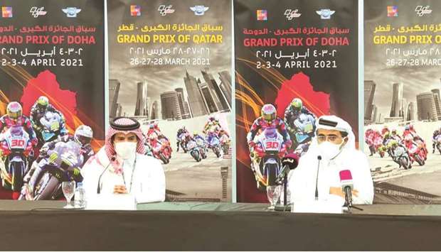 Qatar Motor & Motorcycle Federation (QMMF) and Losail Circuit Sports Club (LCSC) president Abdulrahman al-Mannai (right) and Vice President and General Manager of LCSC Khalid al-Rumaihi address a virtual press conference.