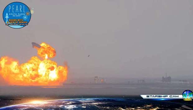 SpaceX Starship SN10 explodes at South Padre Island, Texas in this still image taken from a social media video.