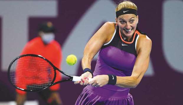 Petra Kvitova in action during Qatar total Open at the Khalifa International Tennis and Squash Complex.
