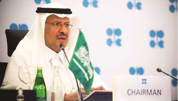 Saudi Arabiau2019s Minister of Energy Prince Abdulaziz bin Salman al-Saud speaks via video link during a virtual emergency meeting of Opec+ in Riyadh (file). Thursdayu2019s meeting saw Opec+ mostly rolling over its production cuts into April, and Riyadh extending its voluntary 1mn bpd curb by one more month.