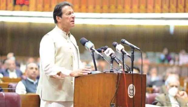 Prime Minister Imran Khan addressing the parliament after winning the vote of confidence in Islamabad yesterday.