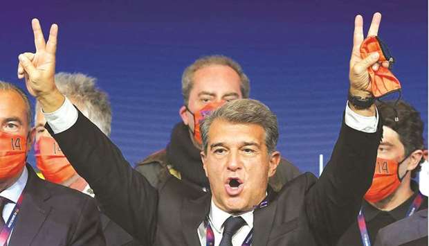 Joan Laporta celebrates after winning the election for the FC Barcelona  presidency in Barcelona yesterday. (AFP)