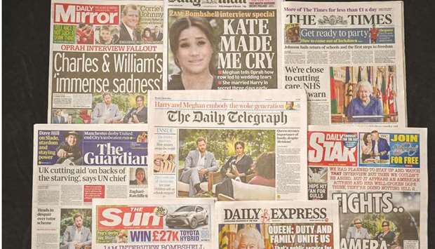HEADLINE NEWS: British daily newspapers with front page headlines reporting on the story of the interview given by Meghan, Duchess of Sussex, wife of Britainu2019s Prince Harry, Duke of Sussex, to Oprah Winfrey, which aired on US broadcaster CBS. (AFP)