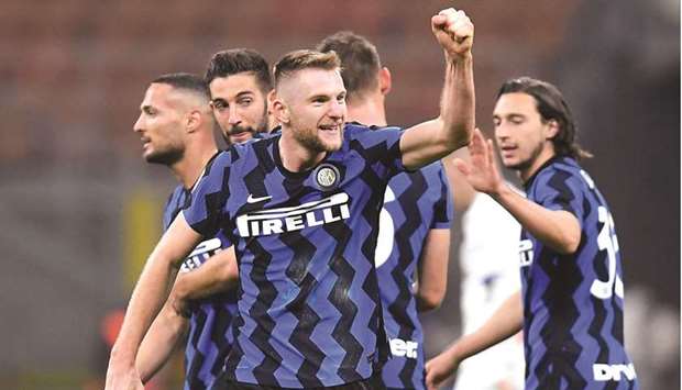 Inter Milanu2019s Milan Skriniar celebrates after the scoring against Atalanta in the Serie A in Milan on Monday night. (Reuters)