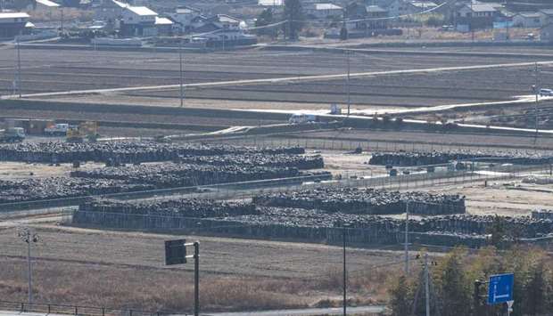 Contaminated soil in black bags in Naraha, Fukushima Prefecture, from an area declared a no-go zone after the 2011 nuclear disaster.