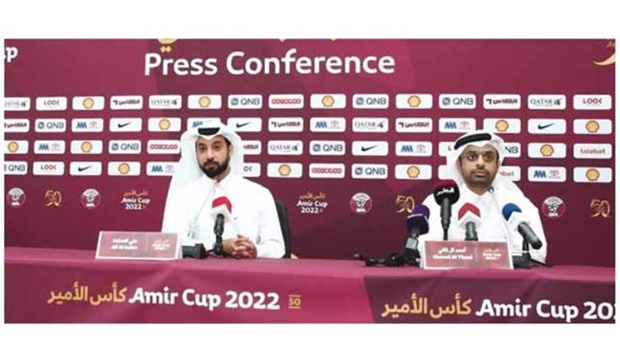            Vice-Chairman of the Marketing and Communications Committee of the Amir Cup Ali al-Salat (left) and facility in-charge at the Khalifa International Stadium Sheikh Ahmed al-Thani address a press conference.