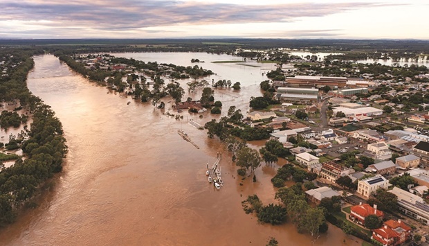 An aerial view of the flooded city of Maryborough along the over-flowing Mary river is released by the Queensland Police Services, Australia.