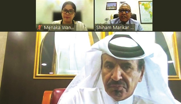 Qatar Chamber first vice chairman Mohamed bin Towar al-Kuwari and Shiham Marikar, the secretary general and CEO of National Chamber of Exporters of Sri Lanka, during a virtual meeting yesterday.