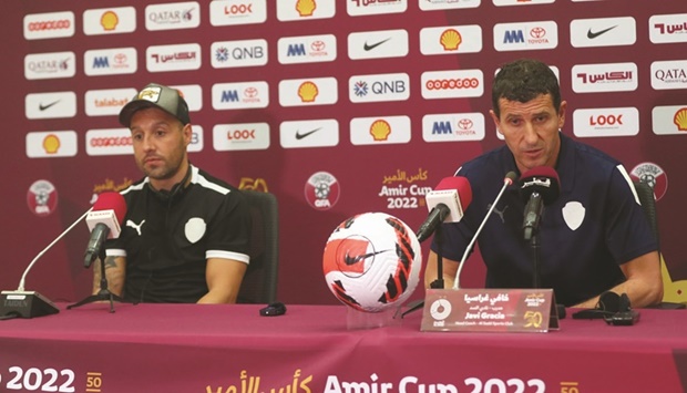 Al Sadd coach Javi Gracia (right) and midfielder Santi Cazorla address a press conference on Sunday, on the eve of their Amir Cup semi-final against Al Duhail.