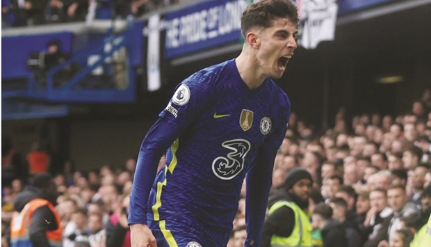Chelseau2019s Kai Havertz celebrates after scoring a goal against Newcastle United in the Premier League at the Stamford Bridge in London yesterday. (Reuters)