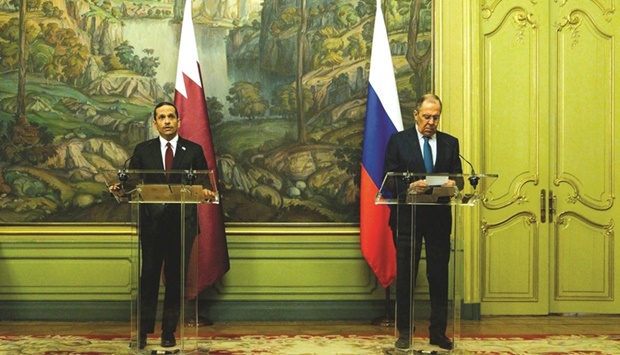 HE Sheikh Mohammed and Lavrov addressing the media in Moscow on Monday