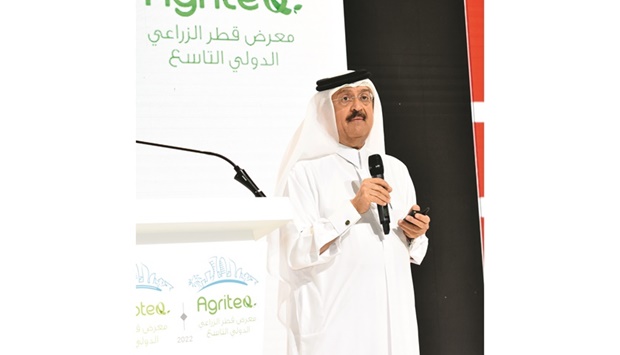 Dr Mohamed Saif al-Kuwari addressing a session yesterday at AgriteQ and EnviroteQ. PICTURE: Thajudheen