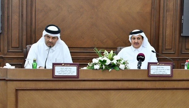 Qatar Chamber chairman Sheikh Khalifa bin Jassim al-Thani and QICCA board member for International Relations Sheikh Dr Thani bin Ali al-Thani during Tuesday's press conference.