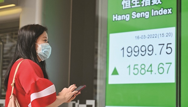 A woman looks at an electronic sign board showing the stock index in Hong Kong. The Hang Seng Index closed up 9.1% to 20,087.50 points yesterday.