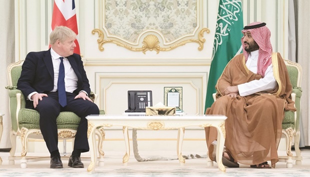 British PM Boris Johnson speaks with Saudi Crown Prince Mohamed bin Salman during a one-day visit to Saudi Arabia and United Arab Emirates, in Riyadh. (Reuters)